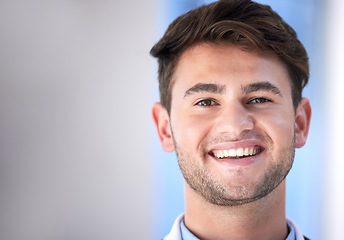 Image showing Man, face and smile in portrait with doctor, healthcare professional and headshot with mockup space. Happy in medicine with young male cardio surgeon, medical care and physician in London hospital