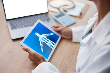 Image showing Doctor, hands and tablet with laptop mockup screen for healthcare research, anatomy or surgery on table. Hand of medical professional holding touchscreen with body x ray display for digital science