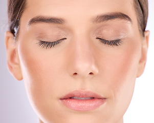 Image showing Woman, face and eyes closed for makeup, cosmetics and laser transformation on studio background. Closeup female model, facial aesthetic and skincare, beauty glow and chemical peel results