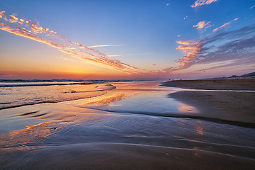 Image showing Atlantic ocean sunset with surging waves at Fonte da Telha beach, Portugal