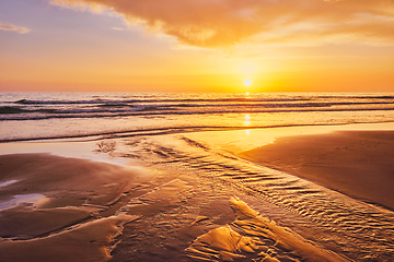 Image showing Atlantic ocean sunset with surging waves at Fonte da Telha beach, Portugal