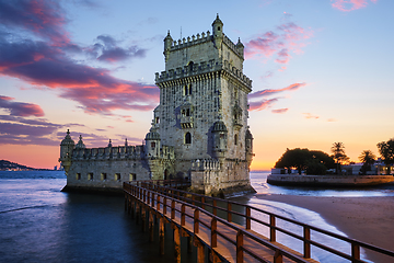 Image showing Belem Tower on the bank of the Tagus River in dusk after sunset. Lisbon, Portugal