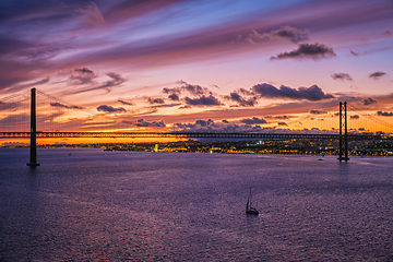 Image showing View of 25 de Abril Bridge at evening. Lisbon, Portugal