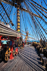 Image showing Deck with masts and ropes of wooden Age of sail sailing ship