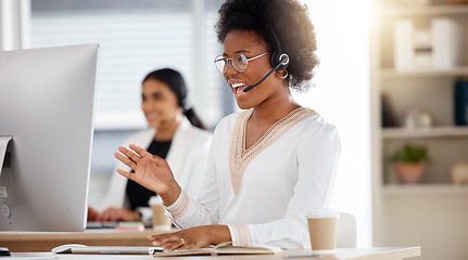 Image showing Black woman, call center and consulting on computer with headset for telemarketing, customer service or support at office. Happy African American female consultant or agent in contact us for sales