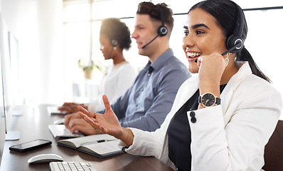 Image showing Happy woman, call center and computer consulting with headset in telemarketing, customer service or support at office. Friendly female consultant talking on mic sitting by desktop PC in contact us