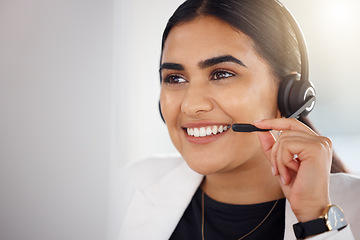 Image showing Happy woman, call center and face with headset mic consulting in telemarketing, customer service or support at office. Friendly female consultant or agent with smile by computer in contact us sales