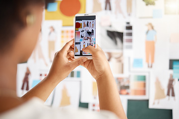 Image showing Person hand taking picture of fashion designer moodboard, creative inspiration and planning a social media post. Artist or digital influencer photography, smartphone screen and clothes blog aesthetic