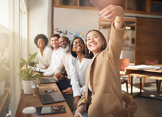 Image showing Selfie, friends and social media with a business team working in a boardroom of their corporate workplace. Teamwork, profile picture or startup with a group of people posing for a photograph together