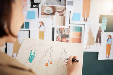 Image showing Fashion designer, planning and creative woman sketch, color palette and illustration inspiration from moodboard. Artist clothes, production design and asian worker or person with drawing development