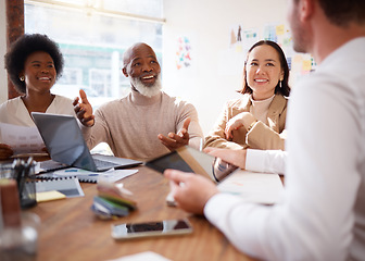 Image showing Creative business people, meeting and planning in fashion design, brainstorming or strategy at office. Group of clothing designers talking in teamwork collaboration or sharing ideas for startup