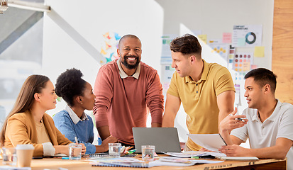 Image showing Creative presentation, teamwork and black man in meeting talking, in discussion and brainstorming ideas. Leader, collaboration and business people for planning, marketing strategy and brand project