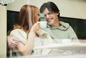 Image showing Gen z, student couple and coffee shop window of date together with love and care in cafe. Restaurant, relax and happiness of a teen man and girl with happy smile from teenager relationship in morning