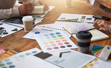 Image showing Creative, hands and color palette on table for planning, meeting or brainstorming in design strategy at office. Hand of group interior designers in teamwork, project plan or swatch ideas for startup