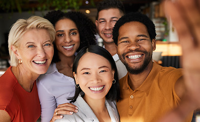 Image showing Smile, selfie and group of business people in office taking pictures for social media. Diversity portrait, collaboration and happy friends, men and women laughing and take photo for profile picture.