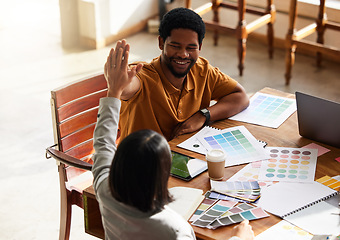 Image showing High five, creative startup and people teamwork for project success, collaboration or planning black business ideas. Partner or employees, digital graphic design and hands together for career support