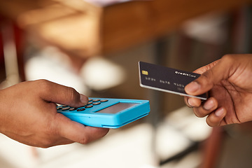 Image showing Credit card, hands and payment on pos machine for fintech, banking or ecommerce. Digital technology, point of sales and man or customer buying, paying or tap on device for retail shopping or b2c.