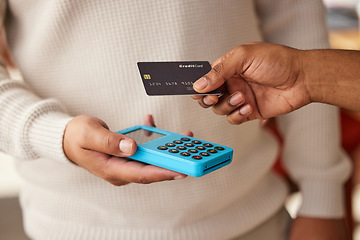 Image showing Hands, credit card and payment on pos machine for fintech, banking or ecommerce. Digital purchase, technology and man or customer buying, paying or tap on device for retail sales, shopping or b2c.