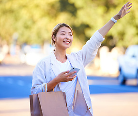 Image showing Taxi, shopping bags and phone with Asian woman in city for sales, retail and boutique deal. Technology, internet and contact with customer and hand for travel service app for fashion, trip and gift