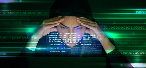 Image showing Hacker, code and stress with cyber crime, fear of getting caught and double exposure in IT, cybersecurity fail and software. Coding, programmer and glitch, person with headache and screen overlay