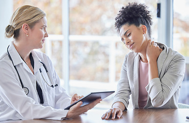 Image showing Consulting, neck pain and medical with black woman and doctor for injury, healthcare and physical therapy. Tablet, checklist and medicine with expert and patient for examination, research and results