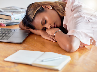 Image showing Employee, sleeping and business woman burnout, tired and fatigue while working on laptop in office. Sleep, girl and corporate person or workaholic struggling with workload, problem and pressure