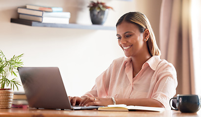 Image showing Computer, planning and black woman or student online course, e learning or education research at home. Young indian person working and typing on laptop for digital scholarship application or email