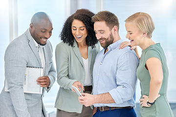 Image showing Phone, group of business people and news, communication or email of profit, sales and success, wow or excited. Team of employees, diversity staff or professional worker on smartphone reading feedback