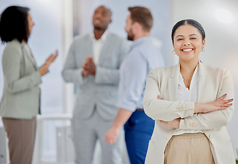 Image showing Woman, business and leadership in meeting with smile in portrait, team leader and success with professional mindset. Corporate female, happy at job and arms crossed, manager in Los Angeles office