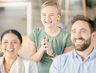 Image showing Seminar audience, happy and business people listening at presentation conference, training workshop or trade show event. Group meeting, crowd laugh at joke and team listen to funny tradeshow speech