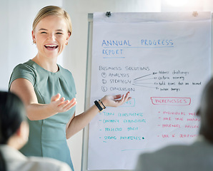 Image showing Business people meeting, happy woman and speaker presentation, speech or communication on progress report. Finance manager, mentor workshop and leader coaching, teaching and review team performance