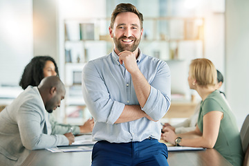 Image showing Leader, entrepreneur and startup founder smile for company strategy in a meeting with a positive mindset in a boardroom. Portrait, happy and business man confident, proud and excited for conference