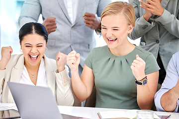 Image showing Laptop, excited women or team celebrate good online feedback, stock market achievement or ecommerce revenue. Crypto NFT winner, forex trading cheers or happy trader celebration for bitcoin success