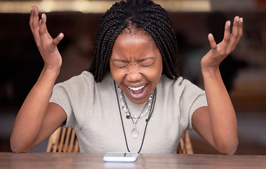 Image showing Stress, phone and screaming with black woman in cafe for glitch, social media news and online scam. Burnout, angry and anxiety with girl shouting at mobile for crisis, communication and frustrated