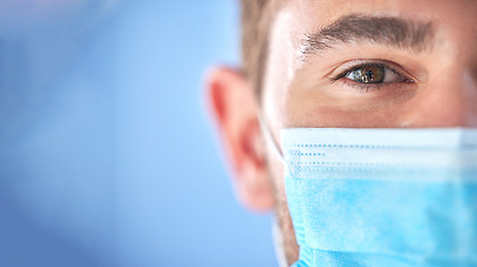 Image showing Covid 19 portrait, half face mask and doctor for pandemic security risk, hospital healthcare support or clinic mockup. Corona virus safety, medical nurse eyes or man for health care, wellness or help