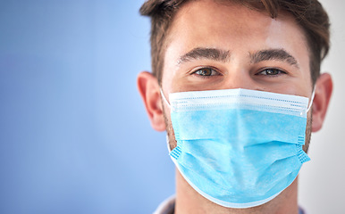 Image showing Covid, face mask and portrait of medical doctor for pandemic security risk, hospital healthcare support or clinic mockup. Corona virus safety, medicine nurse or man for health care, wellness and help