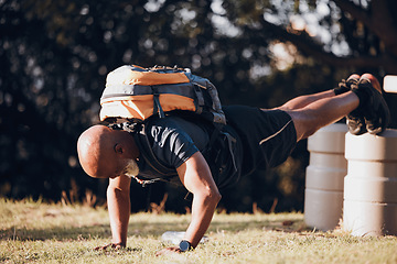 Image showing Pushup, elderly and black man at a fitness bootcamp for exercise, workout and sports. Strong, bodybuilder and athlete doing a cardio challenge, physical activity and strength routine on a field