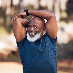 Image showing Black man, stretching and exercise portrait outdoor in nature for fitness and healthy lifestyle. Senior person smile and happy with workout, training and muscle warm up for cardio health and wellness