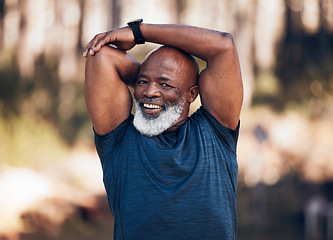 Image showing Senior man, stretching and fitness portrait outdoor in nature forest for exercise and healthy lifestyle. Black person smile for workout, training and muscle warm up for cardio health and wellness