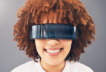 Image showing Futuristic glasses, face and black woman isolated on gray background metaverse, cyberpunk and virtual reality. VR vision technology, future ai and digital high tech of gen z model or person headshot