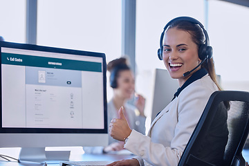 Image showing Call center portrait, woman thumbs up and consultant or agent with customer support success, good service or thank you. Telecom person or ecommerce advisor like, yes or winning emoji hand on computer