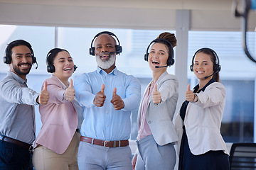 Image showing Portrait, call center and team with thumbs up, achievement and success with target, goals or client service. Face, staff or leader with gesture for solidarity, tech support or telemarketing in office