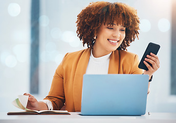 Image showing Black woman, phone and laptop, notebook and schedule, organizing calendar with technology and smile. Professional female, business and wifi with email, communication and scheduling mobile app