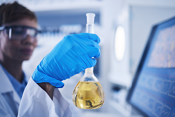 Image showing Science, liquid and beaker in hand of woman in laboratory for research, medical exam and pharmaceutical. Healthcare, biotechnology and scientist with vial for medicine, vaccine development and sample