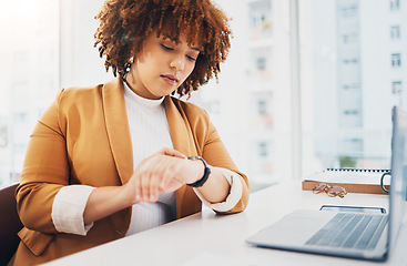 Image showing Black woman, time management and check watch with schedule and clock, laptop and desk with appointment. Professional female, business and calendar with scheduling, corporate employee and punctual