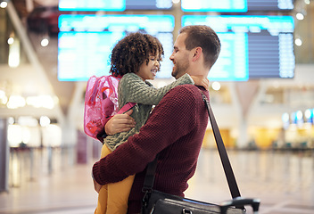 Image showing Father, travel and hug girl at airport, laughing at comic joke and having fun together. Immigration flight, adoption care and love of happy man hugging foster child at airline, smile and bonding.