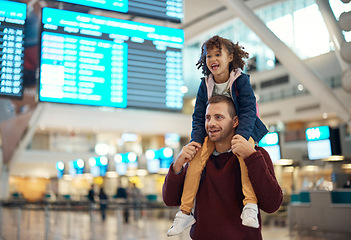 Image showing Travel, father and piggyback girl at airport, laughing at comic joke and having fun together. Immigration flight, adoption care and happy man carrying foster kid or child at airline, smile or bonding