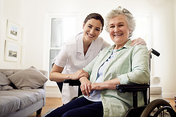 Image showing Portrait, caregiver and woman in wheelchair for medical disability, wellness or support in nursing home. Happy nurse caring for disabled patient, senior or elderly healthcare in rehabilitation clinic