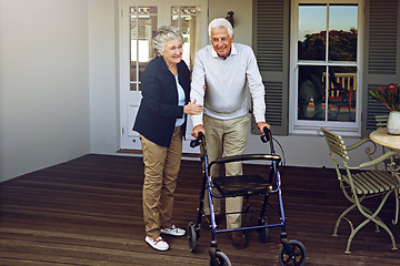 Image showing Home, retirement and happy senior couple with walking cane enjoy weekend, quality time and bonding on patio. Marriage, love and elderly man and woman smile for healthy lifestyle, wellness and relax