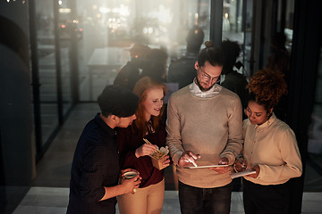 Image showing Team, tablet and office in night for discussion, planning or web design strategy with young business people. Teamwork, it goals and ux designer group for ideas, vision and dark workplace for analysis